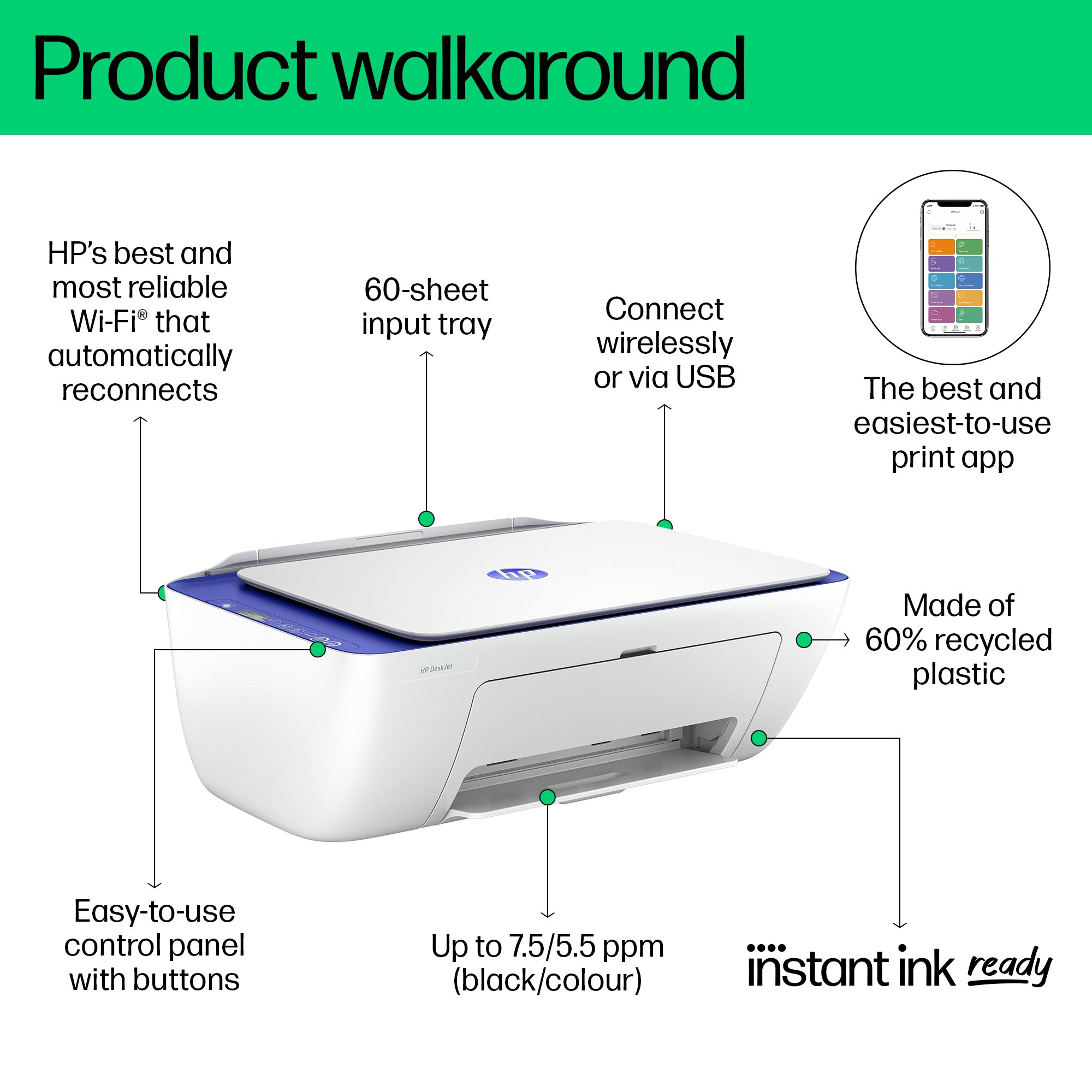 HP DeskJet 2821e Sans fil All-in-One Couleur Imprimante, Instant Ink; copieur, scanner 588Q2B#629