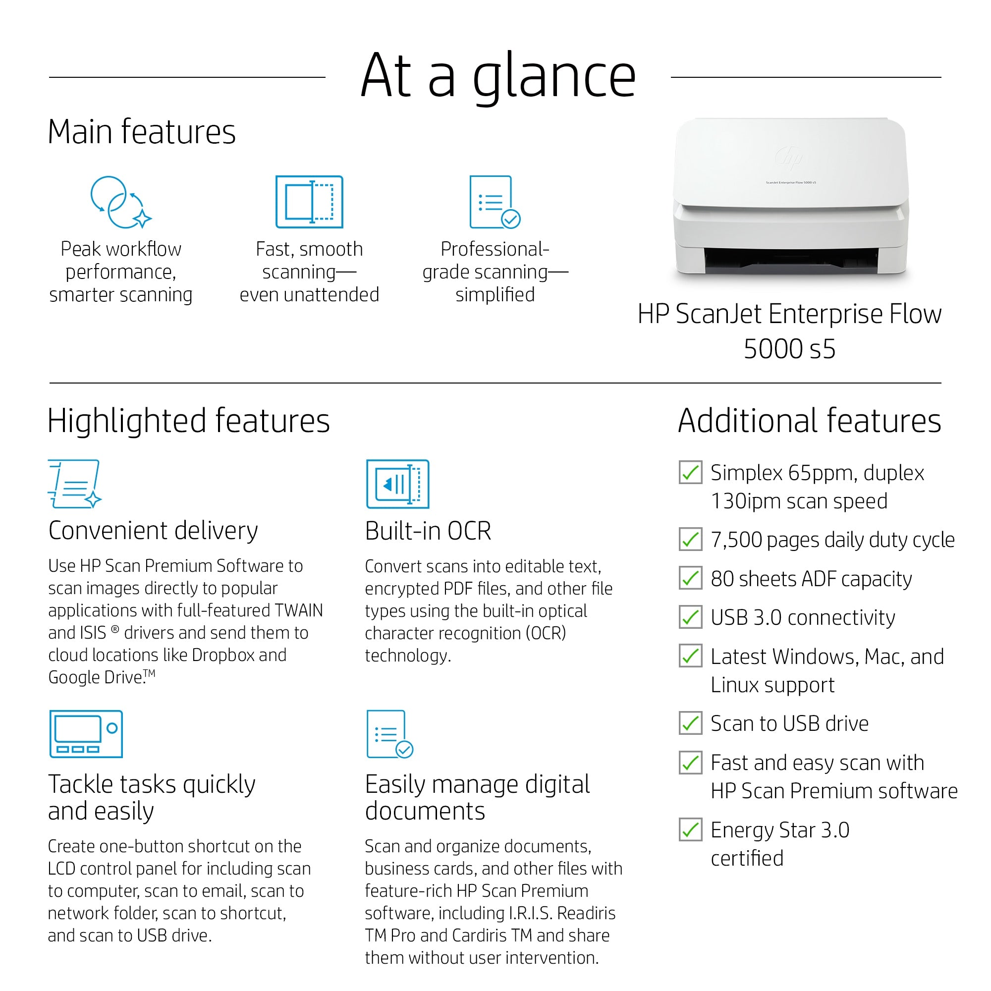 HP Scanjet Enterprise Flow 5000 s5 Alimentation feuille à feuille de scanner 600 x 600 DPI A4 Blanc 6FW09A#B19