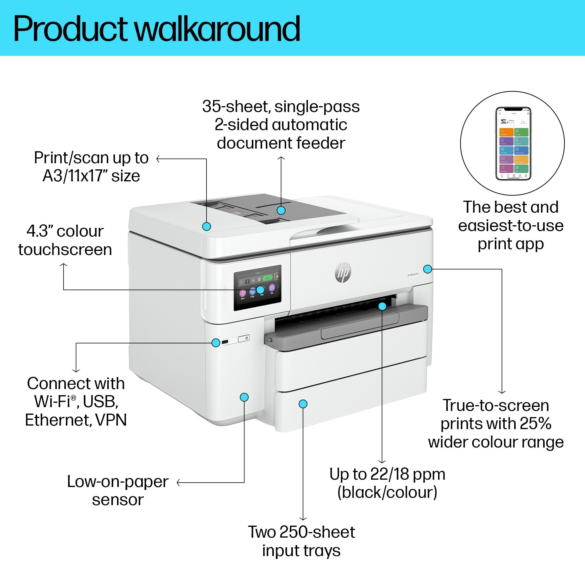 HP OfficeJet Pro 9730e Sans fil All-in-One Couleur Imprimante, Instant Ink; Impression recto-verso