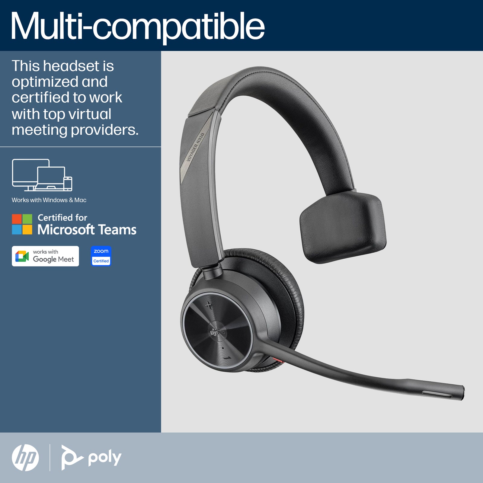 HP Poly Micro-casque Poly Voyager 4310-M certifié Microsoft Teams USB-C + dongle BT700 + base de chargement 77Y97AA