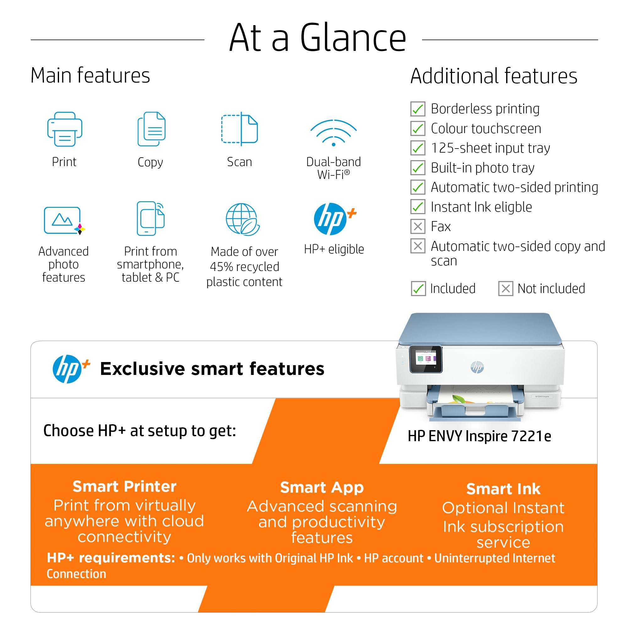 HP ENVY Inspire 7221e Sans fil All-in-One Couleur Imprimante, Instant Ink; Impression photo