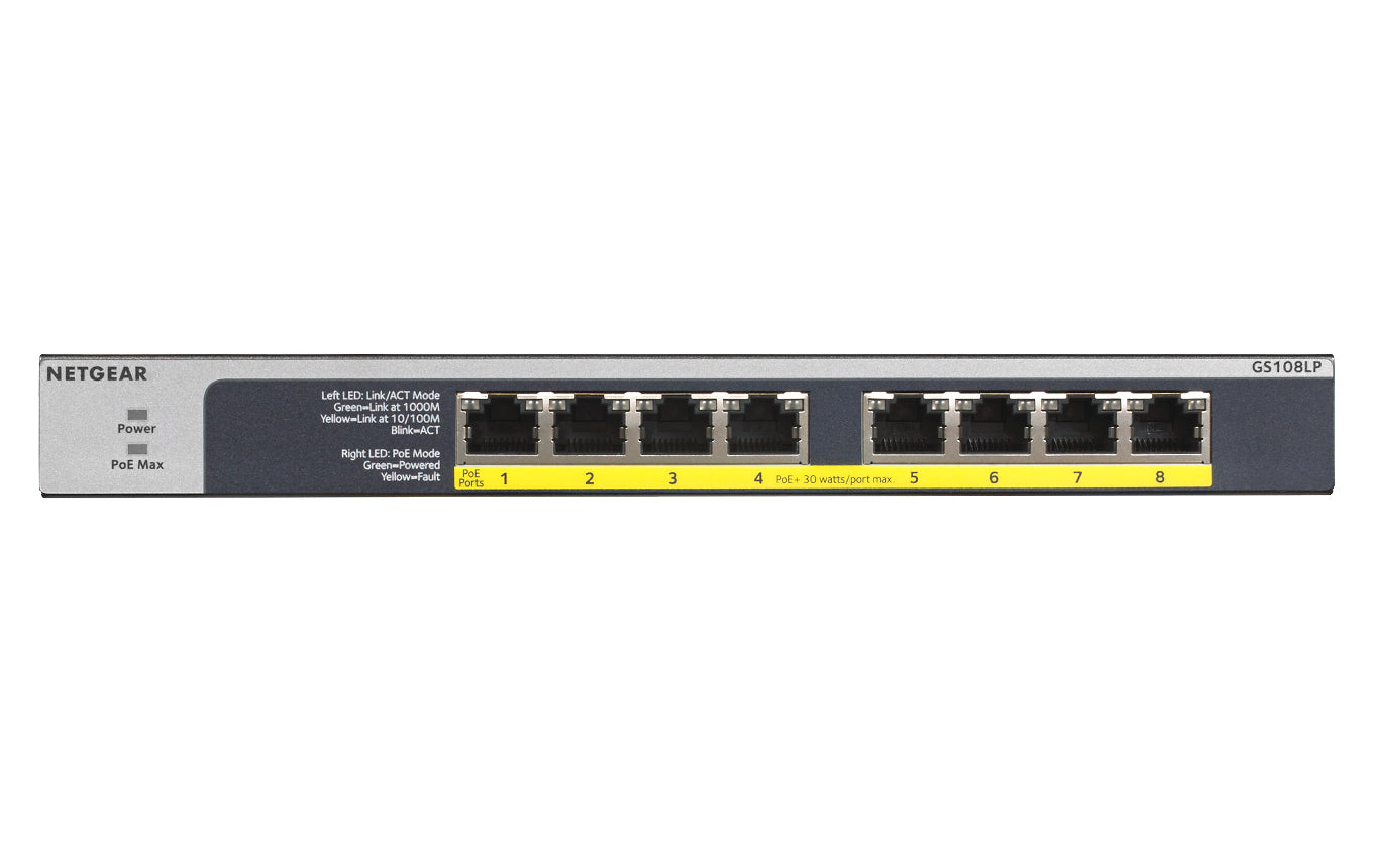 NETGEAR GS108LP Non-géré Gigabit Ethernet (10/100/1000) Connexion Ethernet, supportant l'alimentation via ce port (PoE) 1U Noir, Gris GS108LP-100EUS