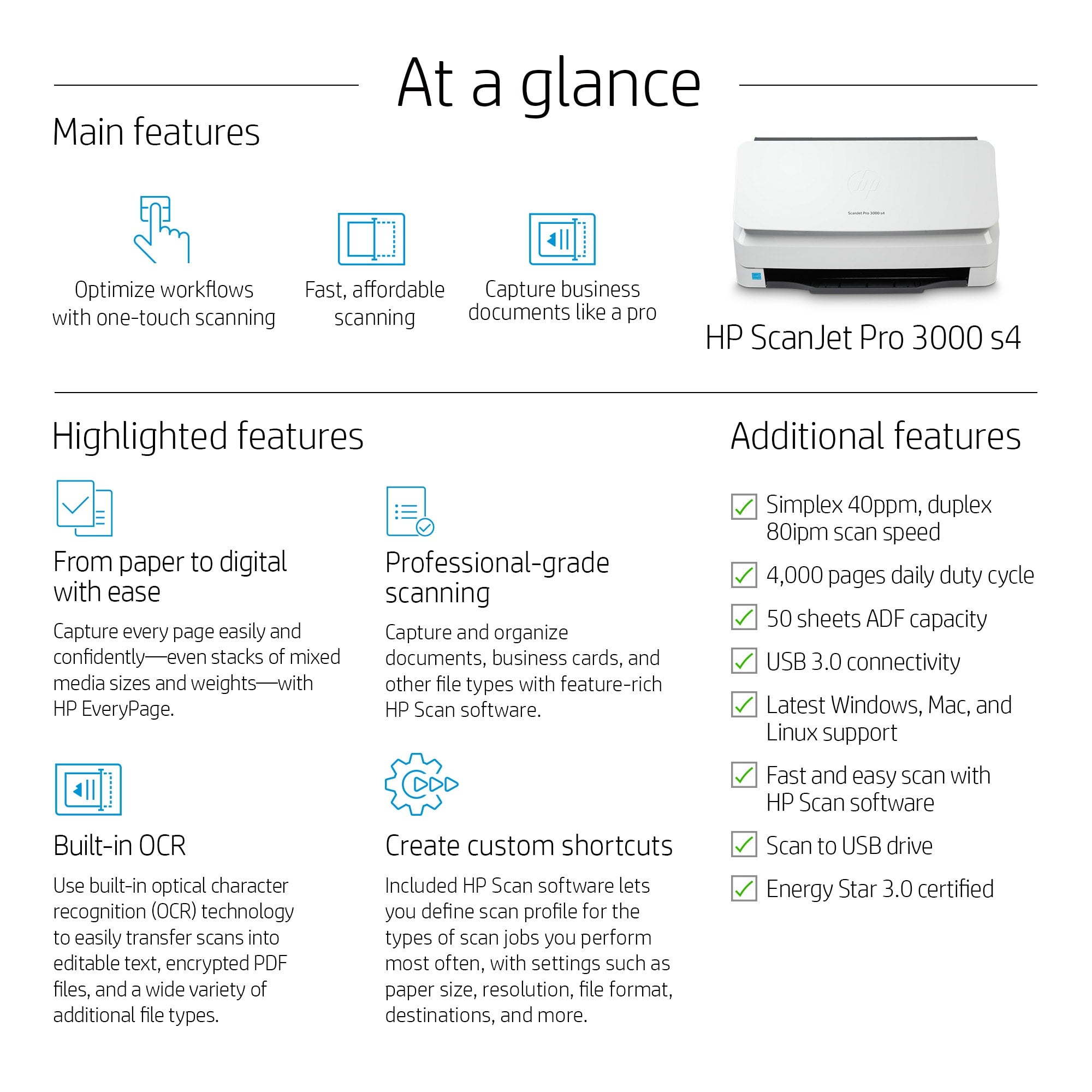 HP Scanjet Pro 3000 s4 Alimentation papier de scanner 600 x 600 DPI A4 Noir, Blanc