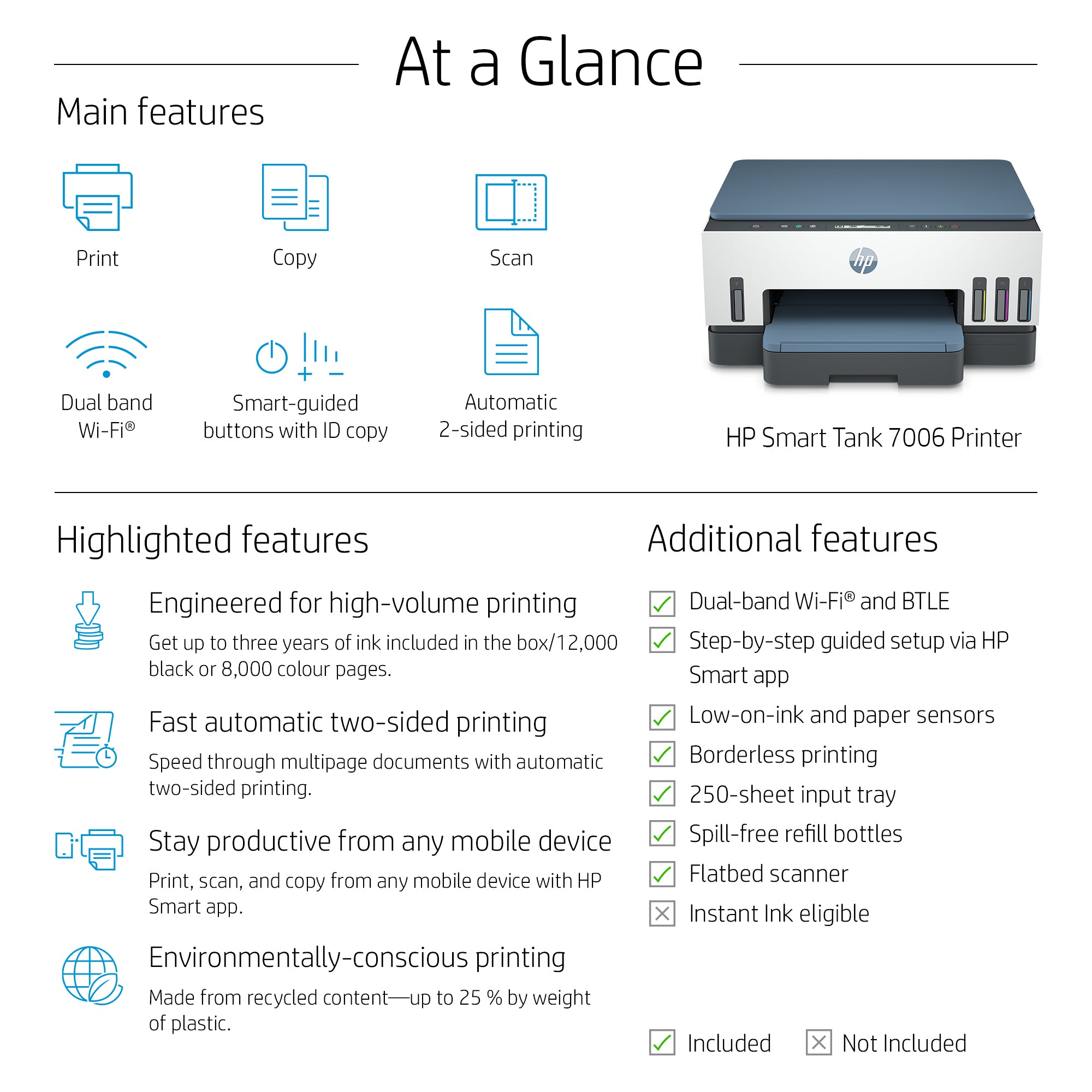 HP Smart Tank 7006 Sans fil All-in-One Couleur Imprimante, Impression recto-verso; copieur, scanner