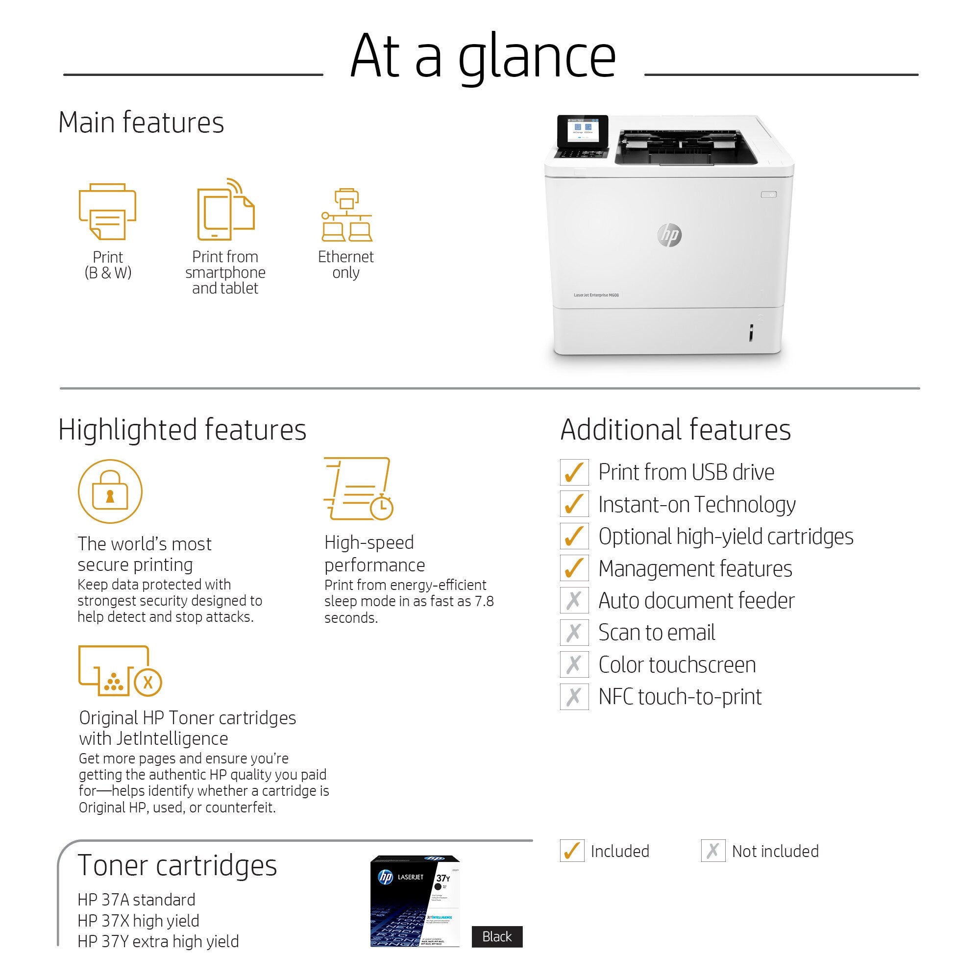 HP LaserJet Enterprise M608n, Noir et blanc, Imprimante pour Entreprises, Imprimer, Sans fil; Emplacement de carte mémoire ; Agrafage en option; Cartouche JetIntelligence