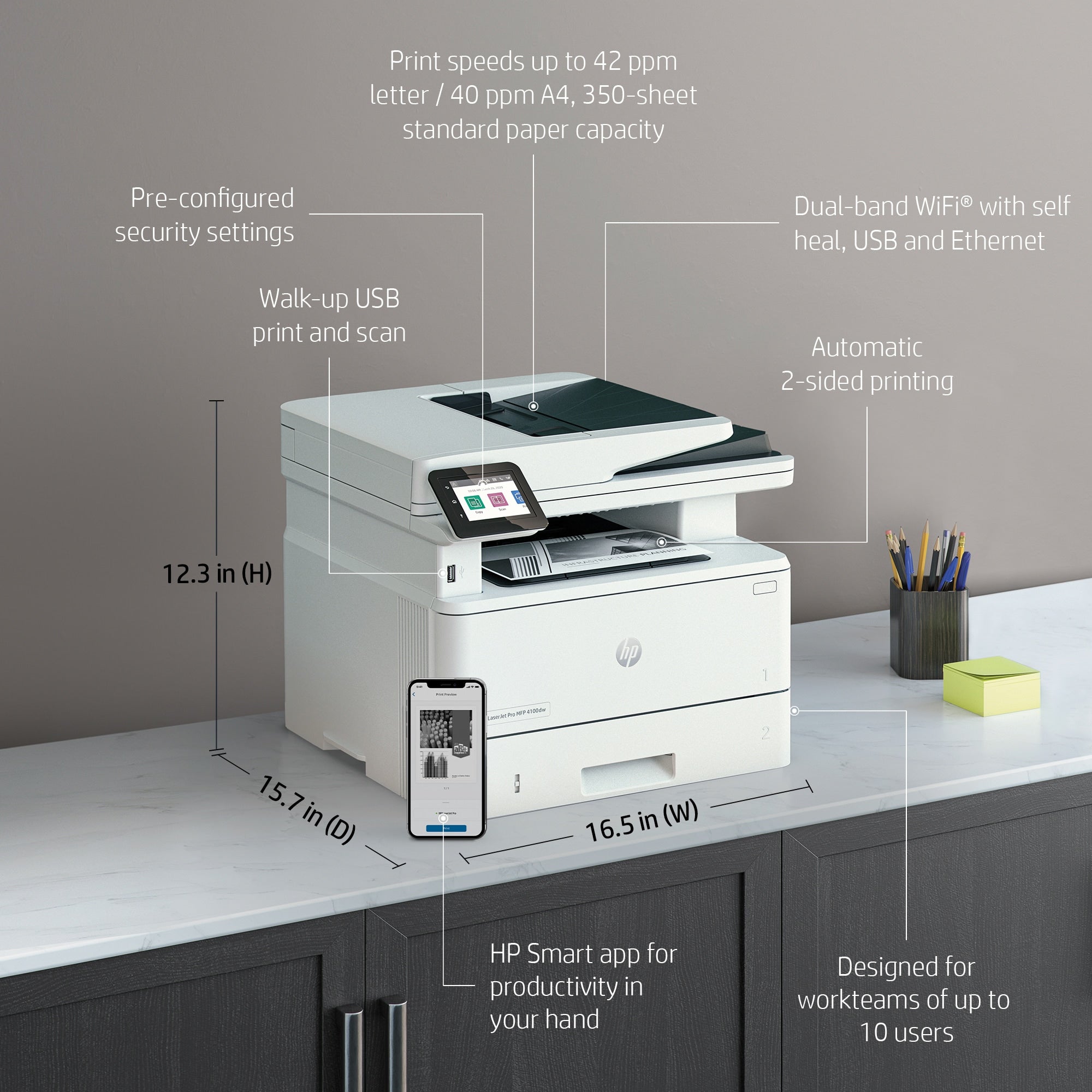 HP LaserJet Pro Imprimante 4002dw, Noir et blanc, Imprimante pour Petites/moyennes entreprises, Imprimer, Impression recto-verso; Vitesses de première page imprimée; Taille compacte; Éco-énergétique; Sécurité renforcée; Wi-Fi double fréquence