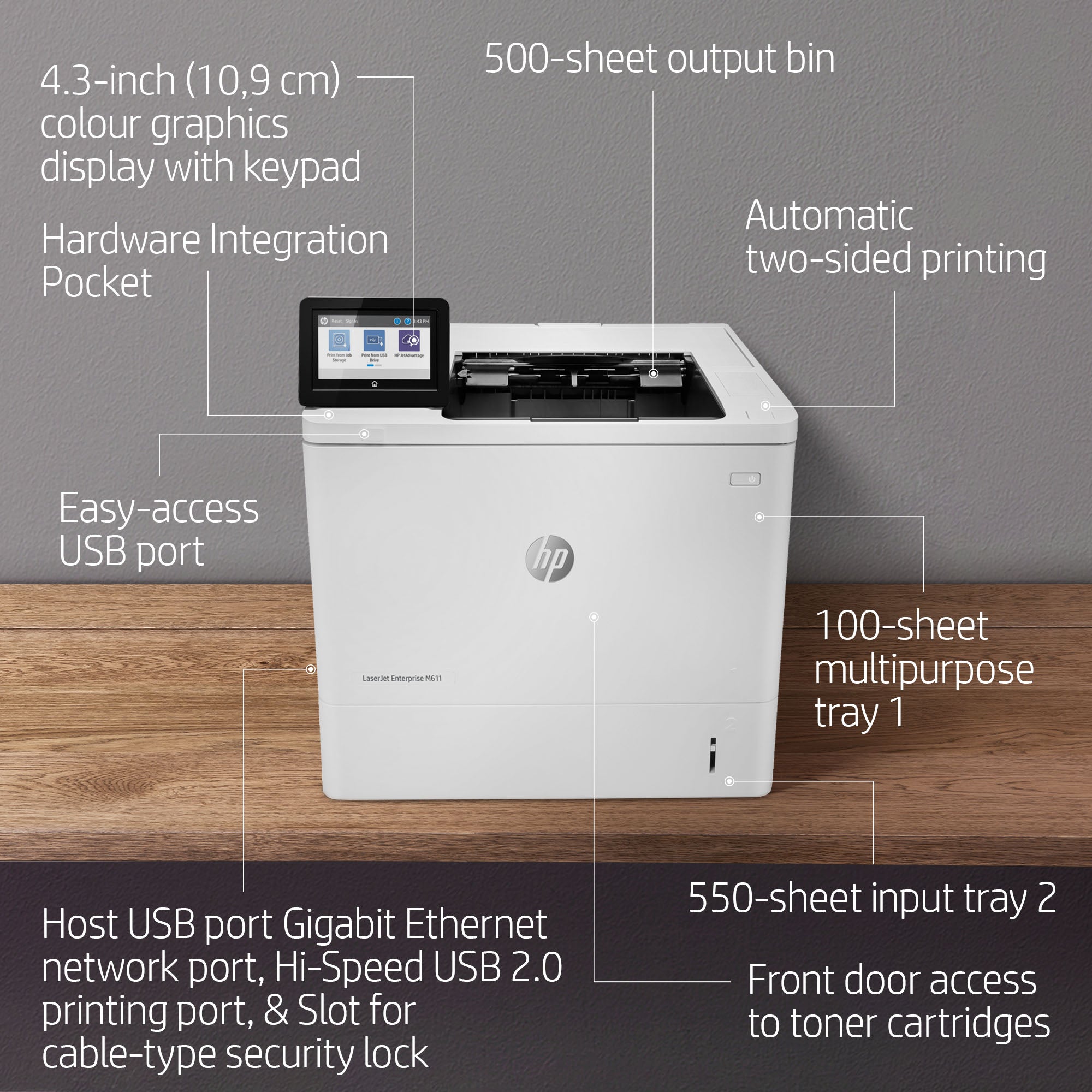 HP LaserJet Enterprise M611dn Noir et blanc Imprimante, Ethernet uniquement; Recto verso