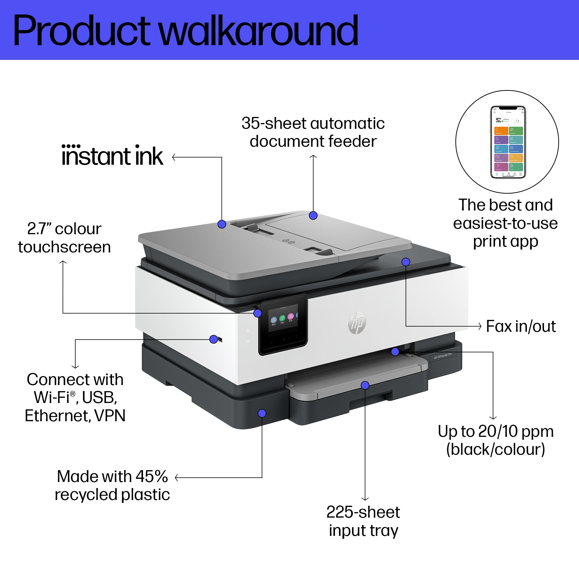 HP OfficeJet Pro 8124e Wireless All-in-One Color Printer, Instant Ink; Two-sided printing 405U7B#687