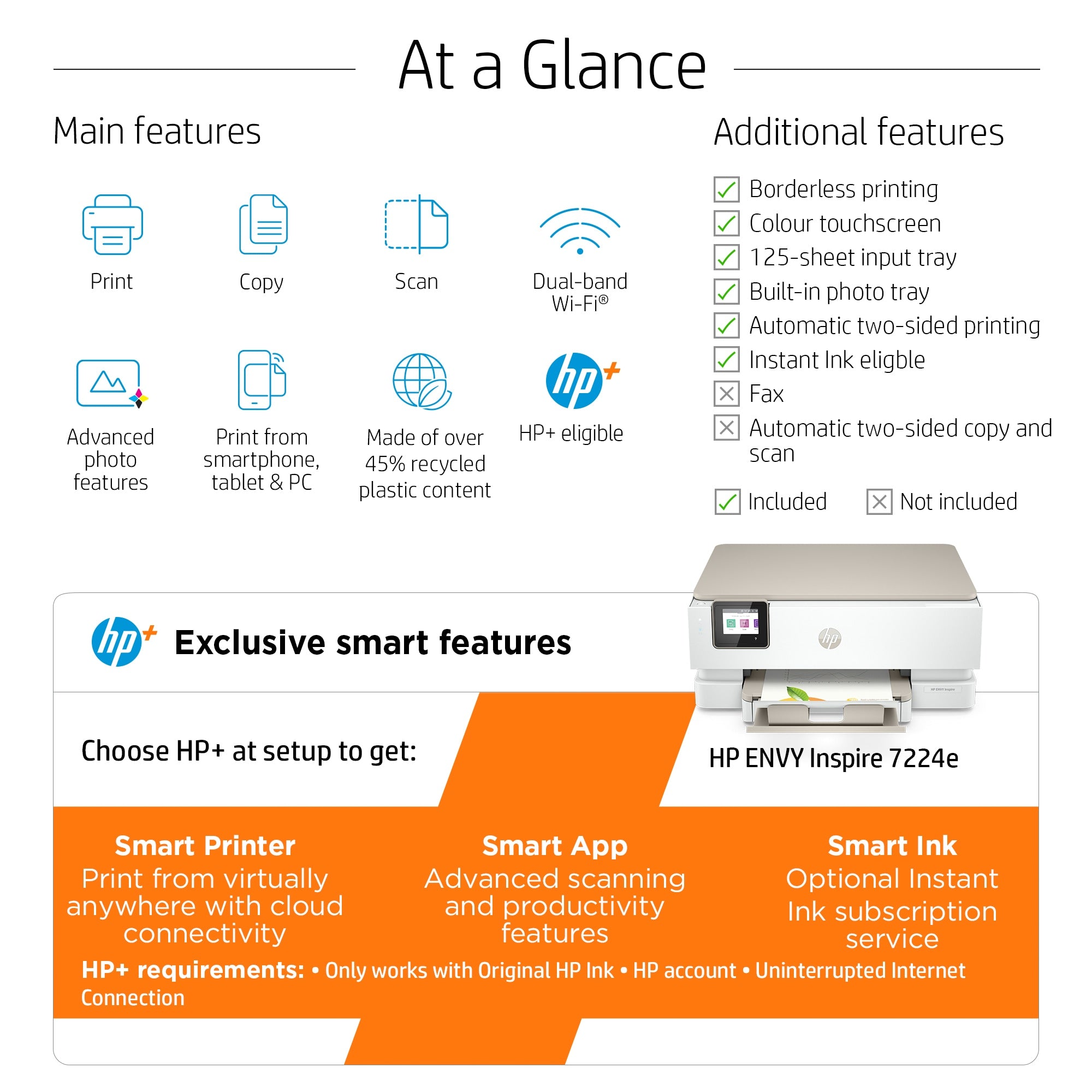 HP ENVY Inspire 7224e Sans fil All-in-One Couleur Imprimante, Instant Ink; copieur, scanner