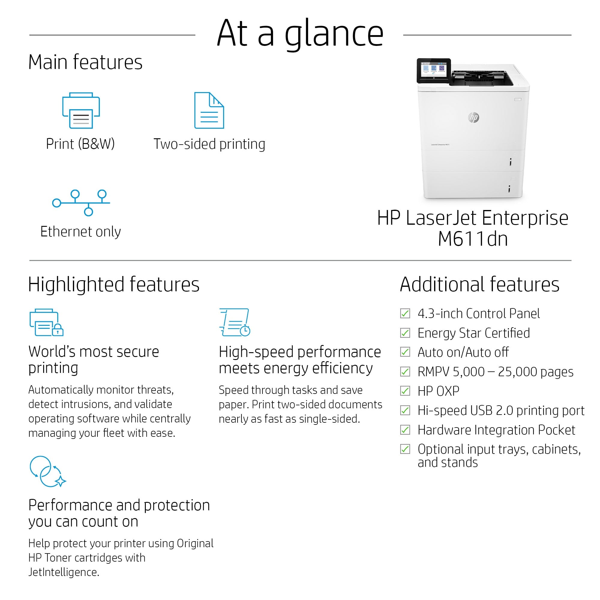 HP LaserJet Enterprise M611dn Noir et blanc Imprimante, Ethernet uniquement; Recto verso