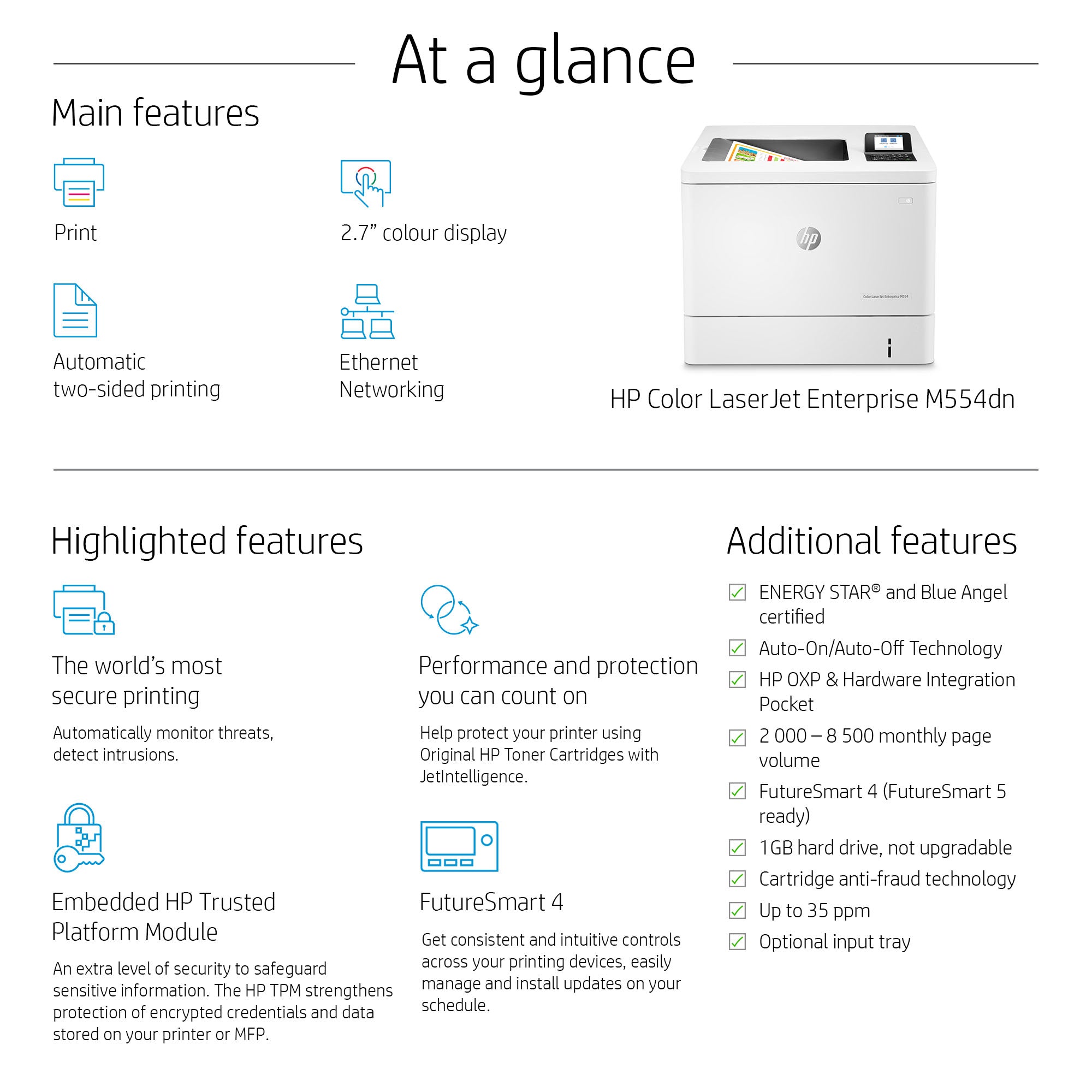HP Color LaserJet Enterprise LaserJet Enterprise M554dn Couleur Imprimante, Ethernet uniquement; Recto verso