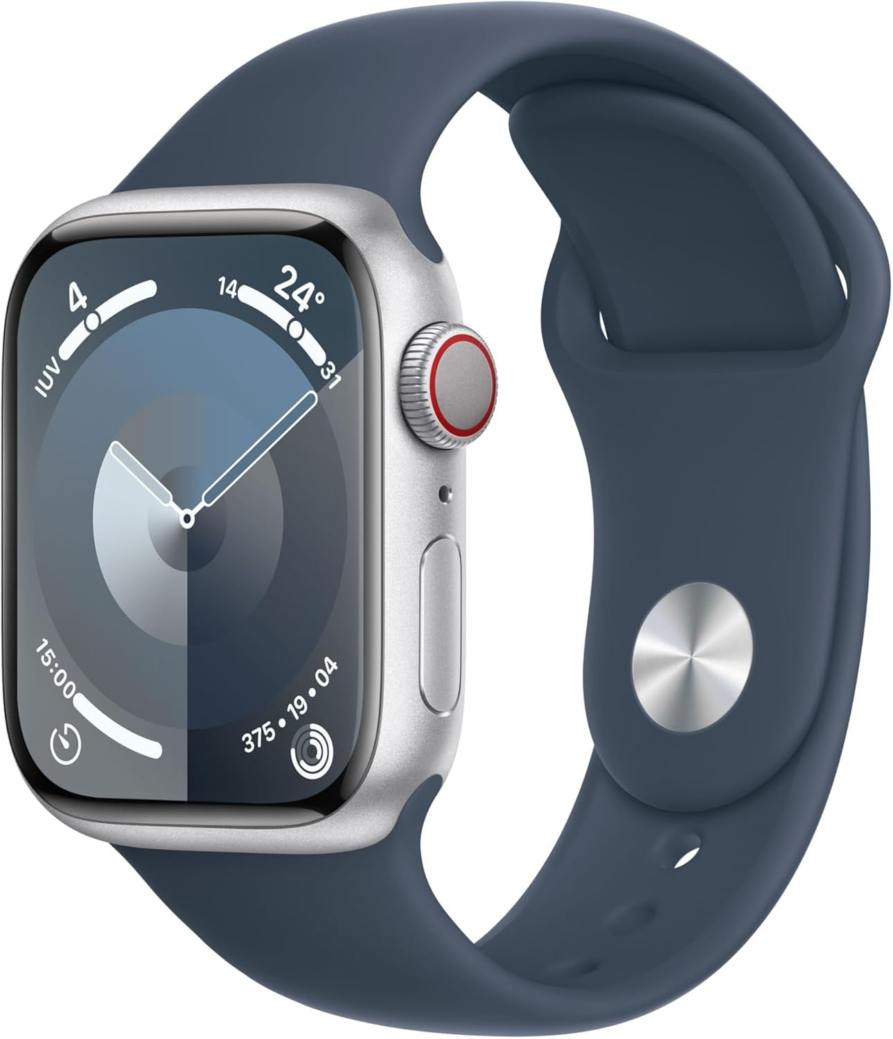 Apple Watch Series 9 GPS + Cellular 41mm Silver Aluminium Case with Storm Blue Sport Band - M/L MRHW3QL/A