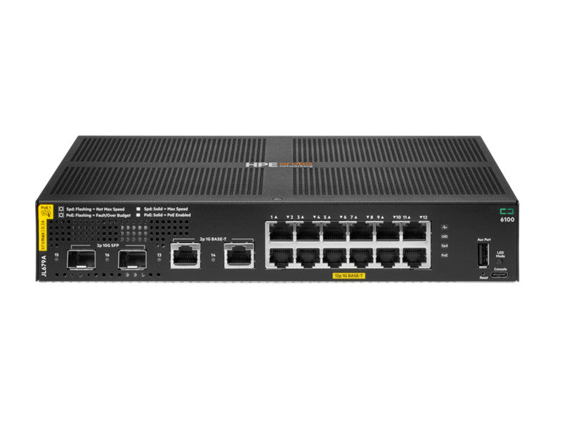 HPE Aruba Networking Aruba 6100 12G Class4 PoE 2G/2SFP+ 139W Géré L3 Gigabit Ethernet (10/100/1000) Connexion Ethernet, supportant l'alimentation via ce port (PoE) 1U Noir JL679A#B2C