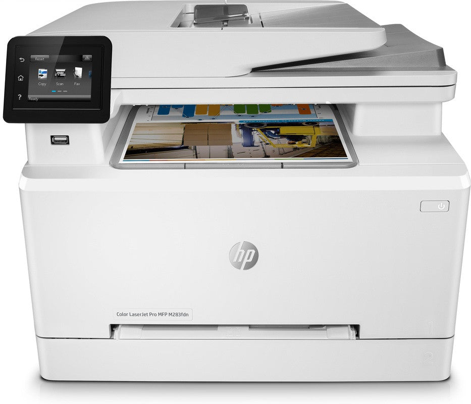 HP Color LaserJet Pro MFP M283fdn, impression, copie, numérisation, télécopie, impression via le port USB avant ; Numériser vers un courrier électronique ; Impression recto verso ; Chargeur automatique de documents de 50 feuilles sans gondolage