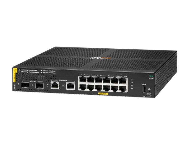 HPE Aruba Networking Aruba 6100 12G Class4 PoE 2G/2SFP+ 139W Géré L3 Gigabit Ethernet (10/100/1000) Connexion Ethernet, supportant l'alimentation via ce port (PoE) 1U Noir JL679A#B2C
