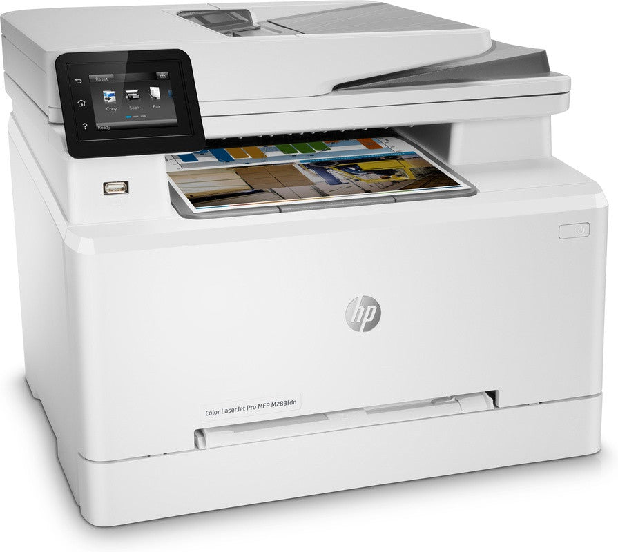 HP Color LaserJet Pro MFP M283fdn, impression, copie, numérisation, télécopie, impression via le port USB avant ; Numériser vers un courrier électronique ; Impression recto verso ; Chargeur automatique de documents de 50 feuilles sans gondolage