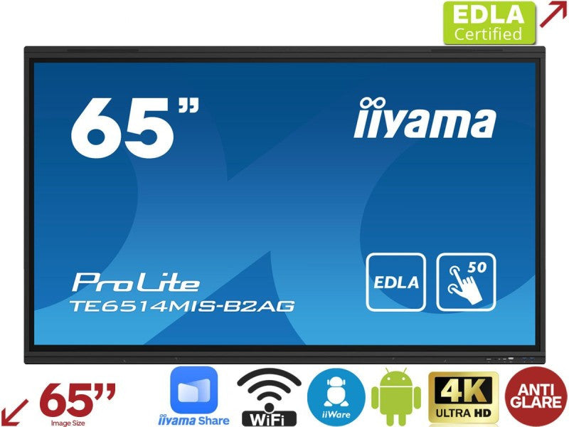 iiyama PROLITE TE6514MIS-B2AG Écran plat de signalisation numérique 165,1 cm (65") LCD Wifi 435 cd/m² 4K Ultra HD Noir Écran tactile Intégré dans le processeur Android 24/7